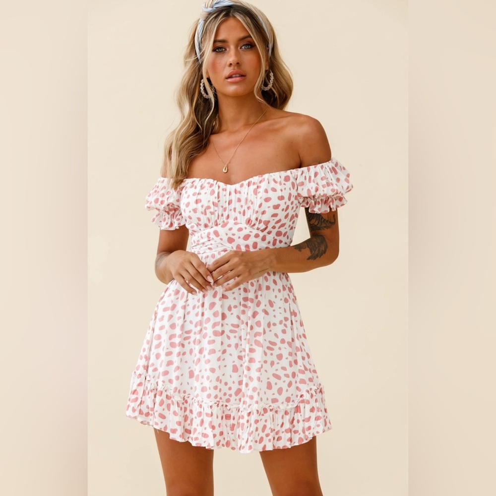 Selfie Leslie Women’s Linka Off-Shoulder Tie Back Dress Spot Print Pink/White